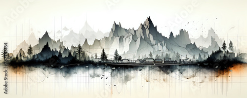 Abstract Mountain Reflection Artwork. An artistic rendering of mountain scenery with a mirrored reflection  ideal for contemporary decor and design themes.