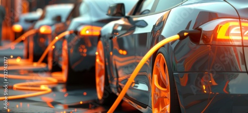 Row of electric cars being charged at a modern charging station photo