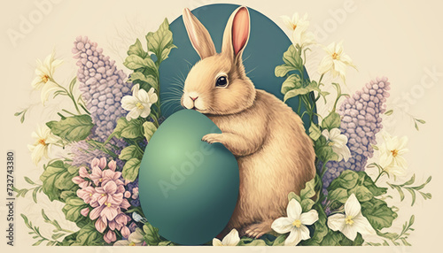 Easter bunny with eggs and flowers.