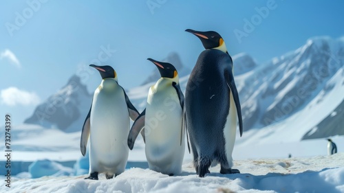 Group of emperor penguins standing on a snow-covered landscape