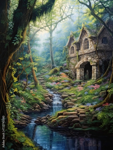 Mystical Elven Retreat: Enchanted Forest Vintage Landscape - Scenic Wall Art © Michael