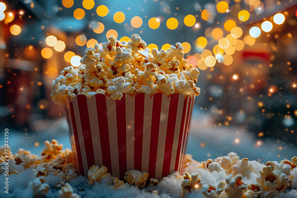 Paper cup with popcorn. concept of watching movies
