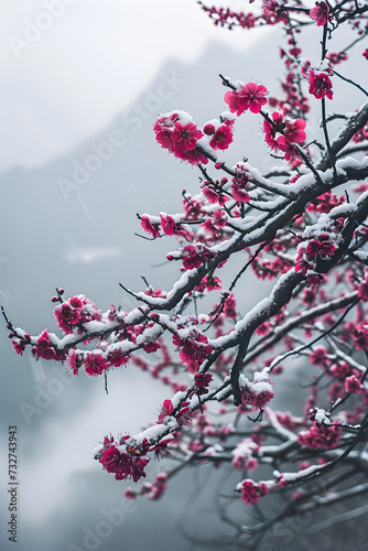 Beautiful natural landscape with pink blooming trees and snow