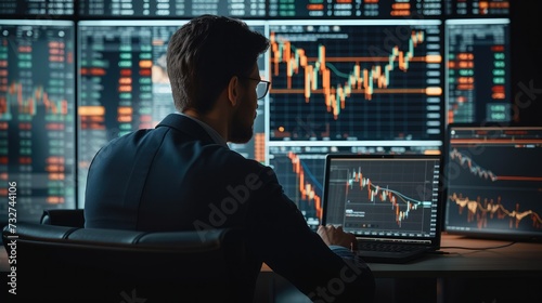 Business man is working with laptop in front of trading analysis chart. trade analyzing on computer monitors. Generative AI.