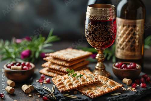 matzah Jewish holiday bread and glass of wine, Passover celebration concept
 photo