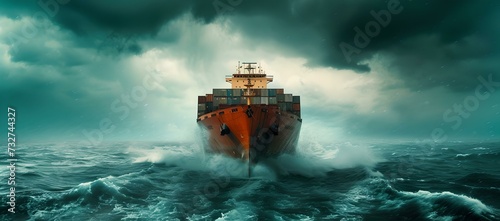 Cargo ship facing rough seas, dramatic maritime scene, resilient vessel against stormy ocean backdrop. AI