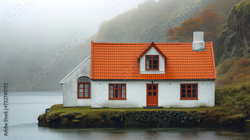 A serene, white cottage with a vibrant orange roof stands alone beside a foggy lake, enveloped by the quiet embrace of a misty landscape, evoking a sense of peaceful isolation and retreat into nature photo