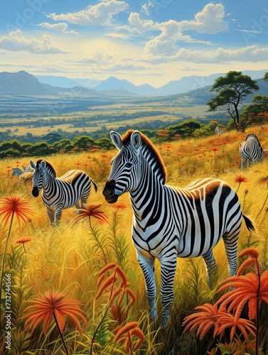 Majestic African Savannas  Zebra Herd Grazing in Nature s Meadow