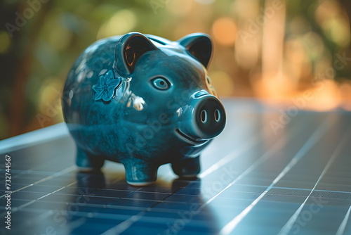 solar panels, and a piggy bank, the concept of green electricity, benefit to the environment and saving money
 photo