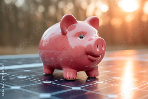 solar panels, and a piggy bank, the concept of green electricity, benefit to the environment and saving money 