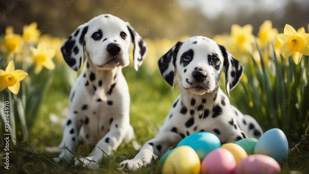 two dogs playing in the grass An adorable Dalmatian puppy sitting in a grassy meadow, with a gentle bunny companion,  