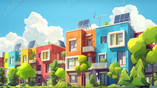 architecture rendering, apartment buildings, solar panel on roof - illustration