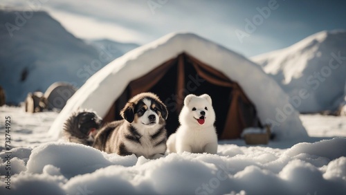 dog in snow A comical depiction of a puppy and adult Malamute dressed as famous explorers, standing next to a tent 