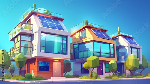 architecture rendering, apartment buildings, solar panel on roof  - illustration