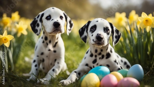 two dogs playing in the grass An adorable Dalmatian puppy sitting in a grassy meadow, with a gentle bunny companion, 