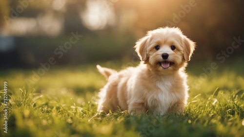 golden retriever dog Happy little orange havanese puppy dog is sitting in the grass 