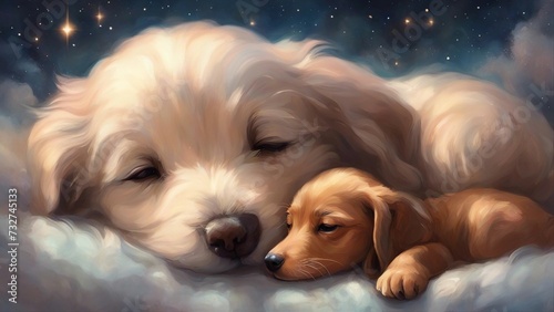 golden retriever puppy Sleeping newborn baby alongside a dachshund puppy. 