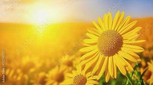 sunflower flower in close-up, on a yellow field on a sunny summer day. copy space #732745722