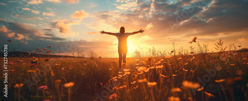 person in a field at sunrise, arms out welcoming the day. Hope and motivation concept. photo