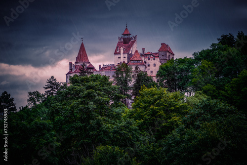 Bilde på lerret View on the spooky Bran castle among trees in a heavy rain, Romania