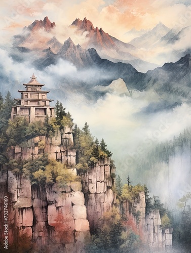 Majestic Mountain Temple   Rustic Wall Decor   High Altitude Print   Landscape