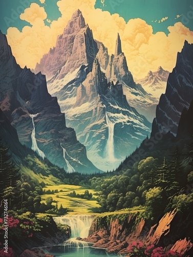 Majestic Mountain Landscape Art  Temple Nature Print for Vintage Decor