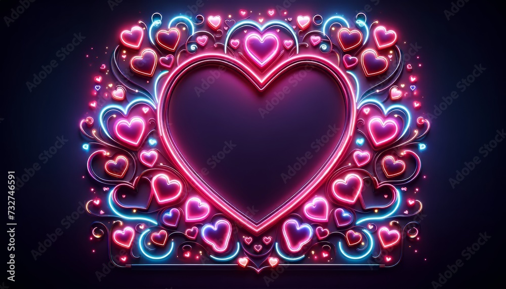  glowing neon sign with hearts for valentines day with copy space, wedding frame