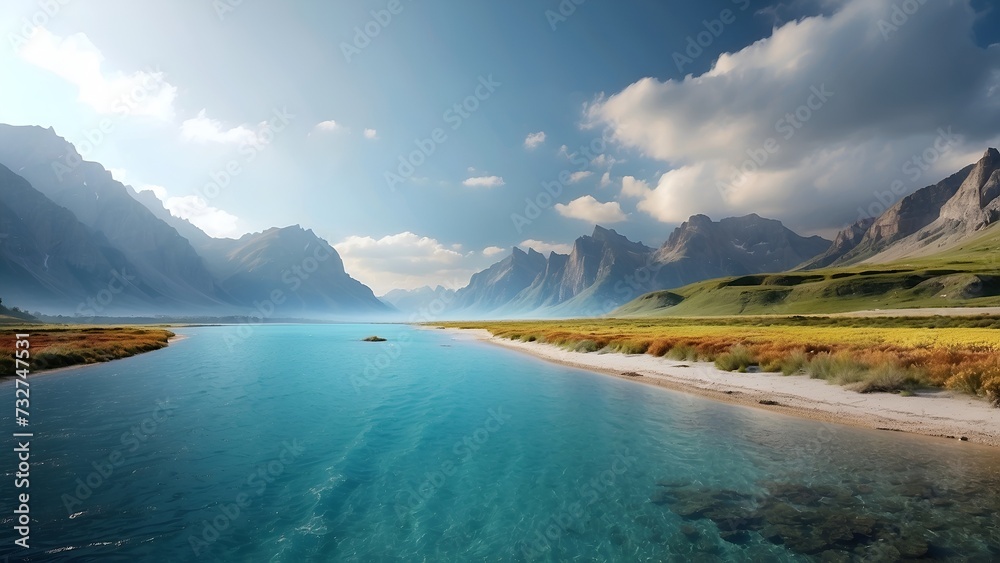 Obraz premium lake, landscape, water, mountain, clouds, sea, nature, sky, travel, beach