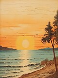 Vintage Mediterranean Sunset Beaches: Rustic Wall Decor Digital Art Print