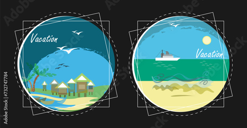 Two round pictures, icons, pictograms on the theme of vacation. Huts and palm trees in the tropics. Cruise liner in the ocean. Vector set