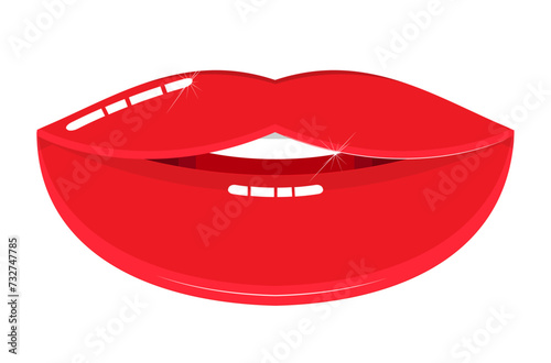 Female mouth with a bitten lip. On the lips - scarlet lipstick. Icon, symbol, emblem, sign, pictogram, picture. Vector illustration