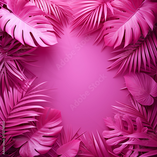 Pink background with tropical leaves with empty space in the center for stories and social media.