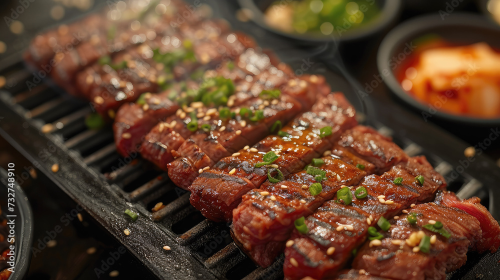 Korean barbecue on dark background, only meat ingredients, appetite stimulating color scheme. Generative AI. Korean barbecue on dark background, only meat ingredients, appetite stimulating color scheme. Generative AI.