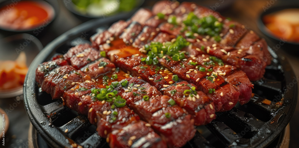 Korean barbecue on dark background, only meat ingredients, appetite stimulating color scheme. Generative AI.
