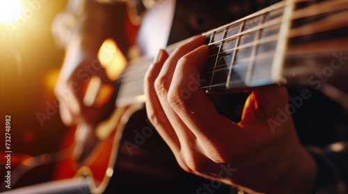 A close-up of a musician's fingers strumming a guitar