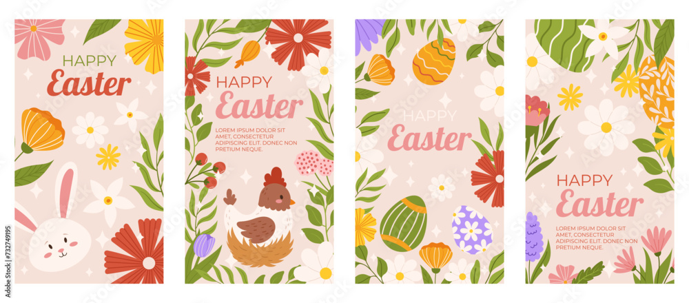 Easter collection of vertical social media template for shopping sale. Design with floral frames, painted eggs, bunny and chicken on nest. Flat hand drawn illustrations for promoting.