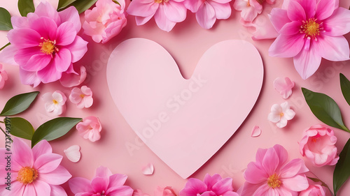 Spring background with pink flowers, heart and petals. Greeting card for Woman day. Flat lay style. Top view.