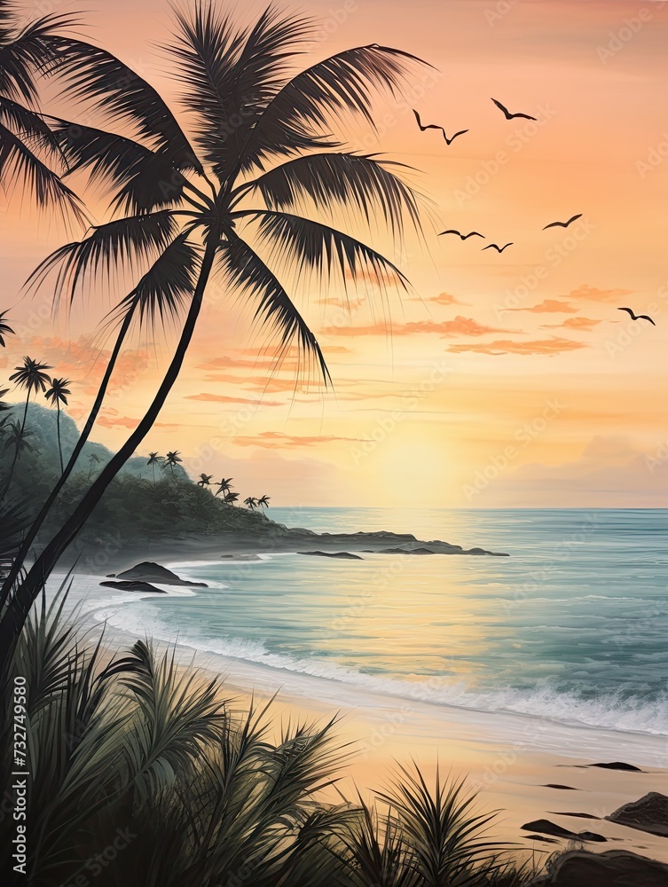 Morning Mist Painting: Silhouetted Palm Beaches, Ocean Art, Beach Scene