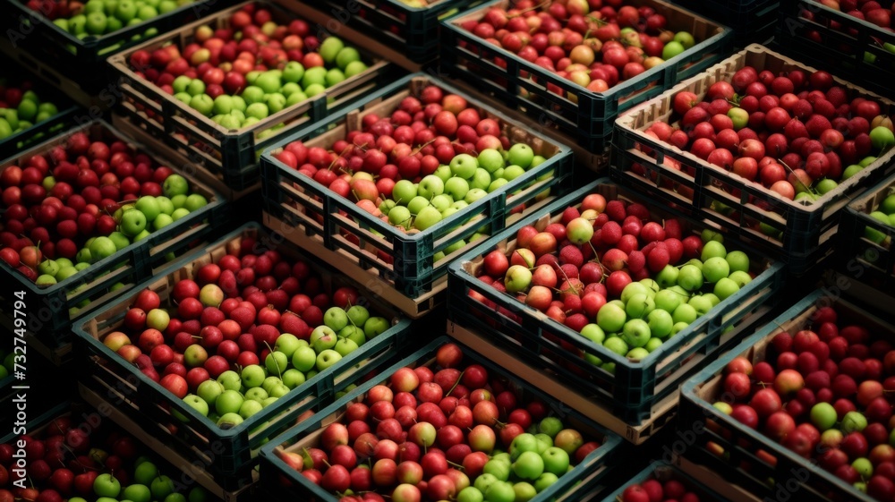 Abundance of various fruits in market crates, signifying freshness and quality