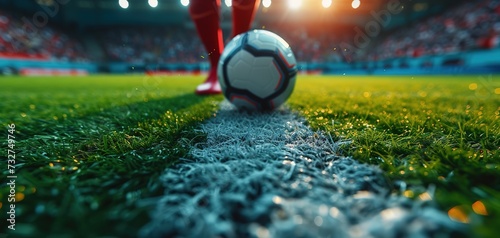 Close-up of a Leg in a Boot Kicking Football Ball. Professional Soccer Player Hits Ball photo