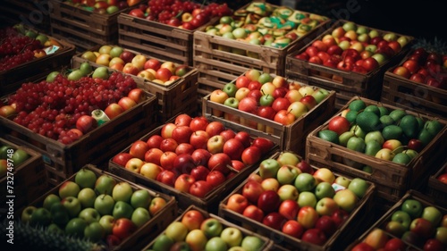 Assorted fresh fruits in wooden crates at a market, showcasing variety and freshness