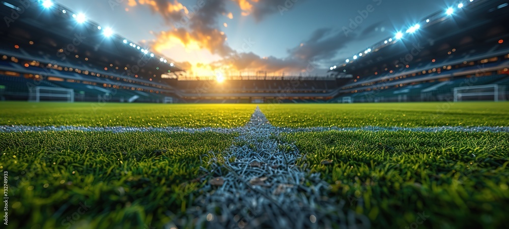 Obraz premium textured free soccer field in the evening light - center, midfield