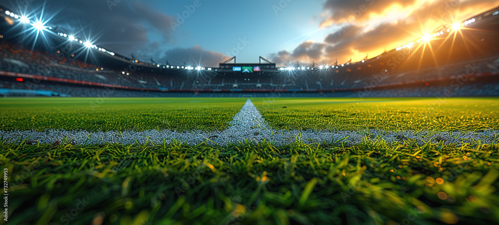 Obraz premium textured free soccer field in the evening light - center, midfield