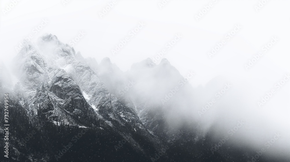 Dense fog envelops a secluded mountain range, creating a serene monochromatic scene