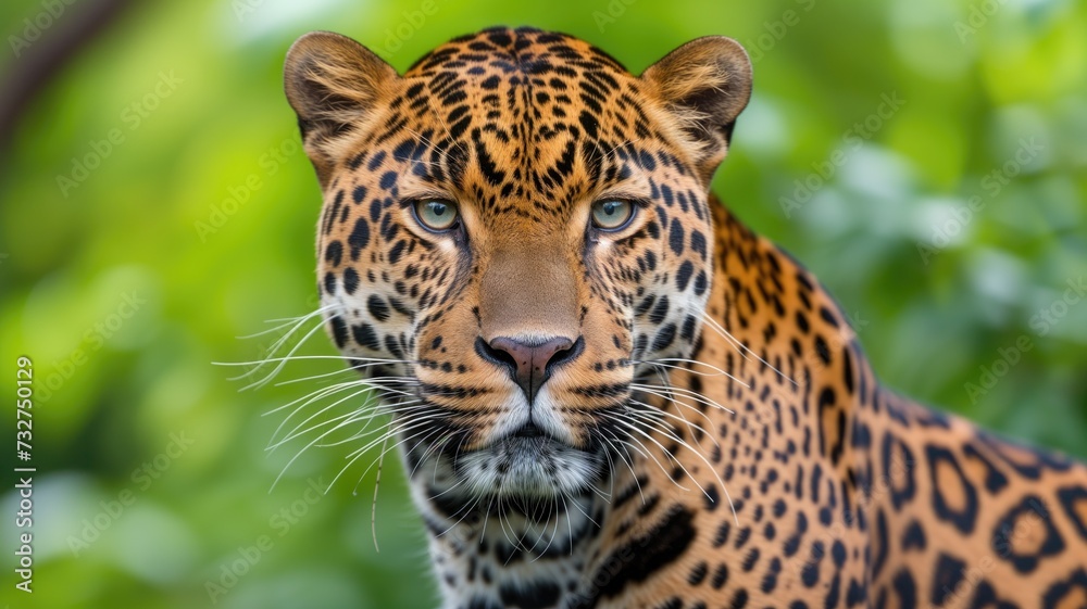 A jaguar's intense gaze captured amidst vibrant green foliage A jaguar's intense gaze captured amidst vibrant green foliage