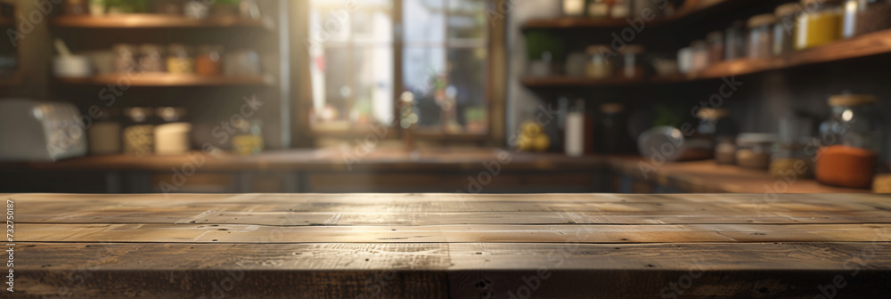 Elegant Wood Tabletop Perspective Over a Blurred Kitchen Scene for Product Montages and Design Layouts