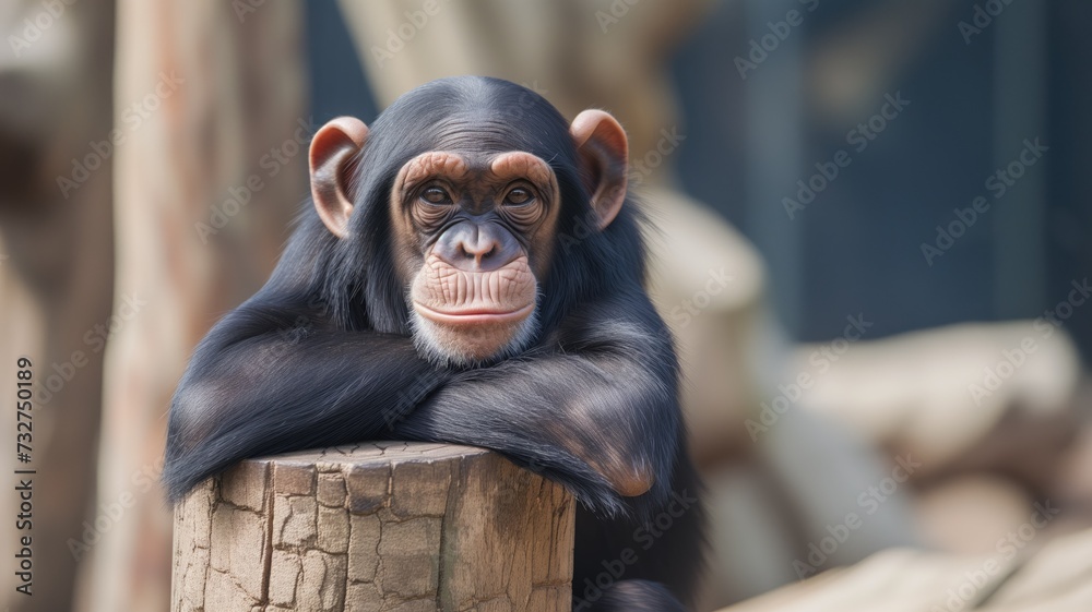 A contemplative chimpanzee perching on a wooden post against a blurred background A contemplative chimpanzee perching on a wooden post against a blurred background