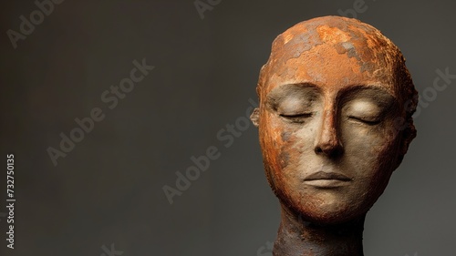 A tranquil clay sculpture with a serene expression against a soft grey background photo