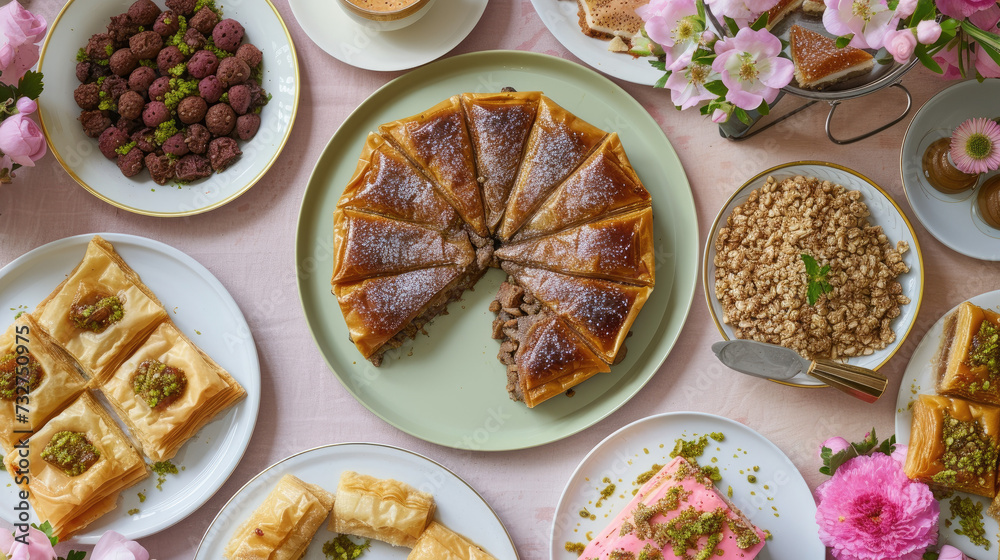 Iftar Table Spread: Photo of a dining table full of iftar dishes. Iftar Table Spread: Photo of a dining table full of iftar dishes.