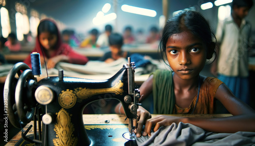 Young Indian girl working in the textile industry using a sewing machine .In garment factories, children perform diverse  tasks such as dyeing, sewing buttons, cutting and trimming threads, folding  photo